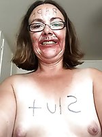 Older prostitute posing naked outdoors